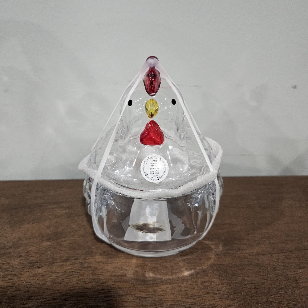 Glass Chicken Shaped Canister Jar with Lid Clear Red Yellow 15.9oz/470ml